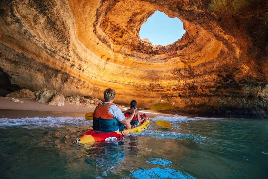 Benagil: Kayaking Tour to the Benagil Cave (Free Shower) - The first cave stop: what it’s like when rock meets water